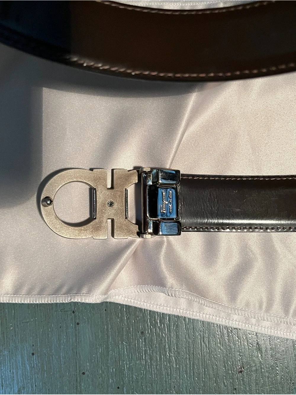 Salvatore Ferragamo Black Leather Belt with Silver Double Gancini Buckle